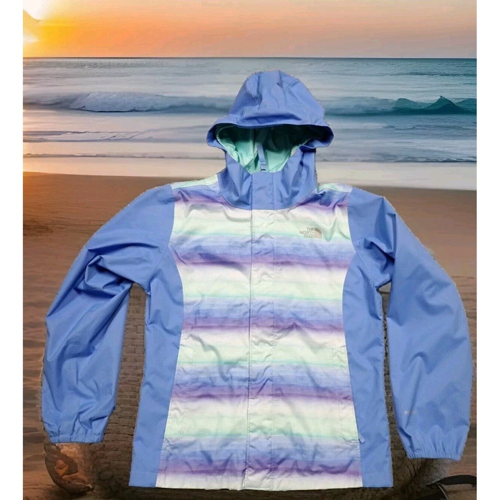 The North Face Rain Jacket Girls Medium 10/12 Blue Striped Excellent DryVent